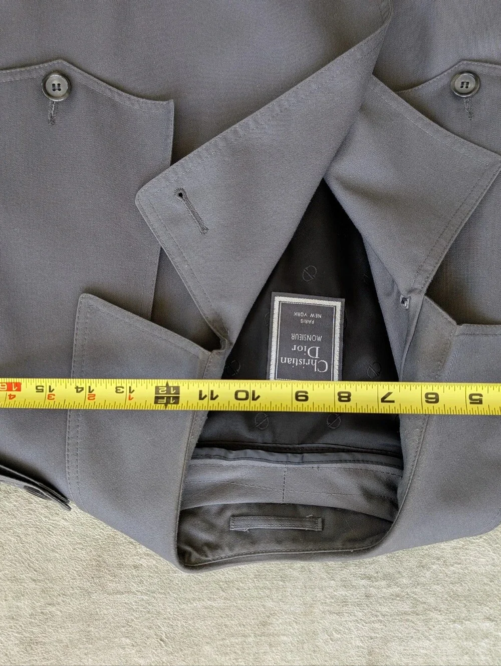 Vintage Christian Dior Monsieur Trench Coat Gray 42R Wool Liner Double Breasted